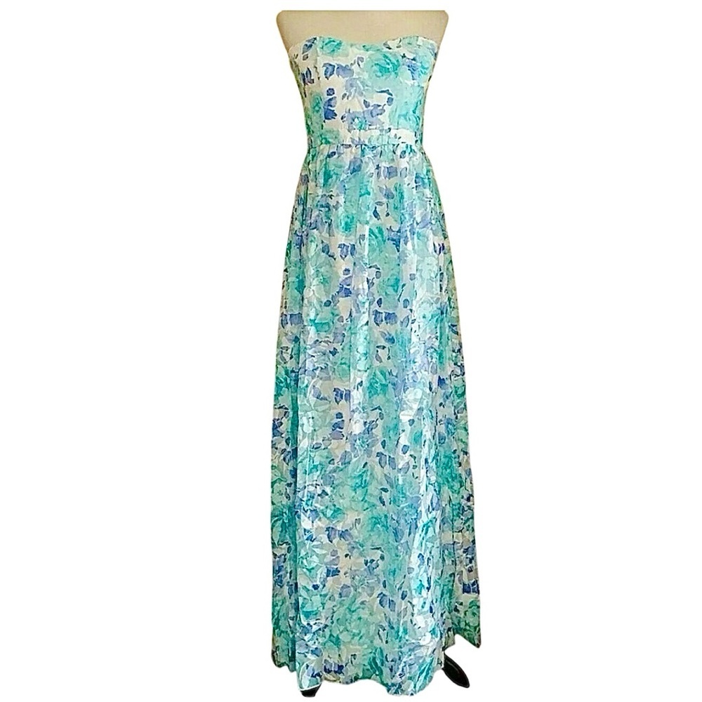 Floral Strapless Modcloth Maxi Dress by Minuet Size Blue Teal & White Large